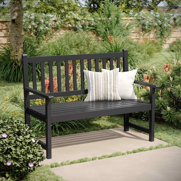 Flash Furniture Adele Patio Acacia Wood Bench, 2-Person Slatted Seat Loveseat for Park, Garden, Yard, Porch, Black LTS-0525-BK-GG - main